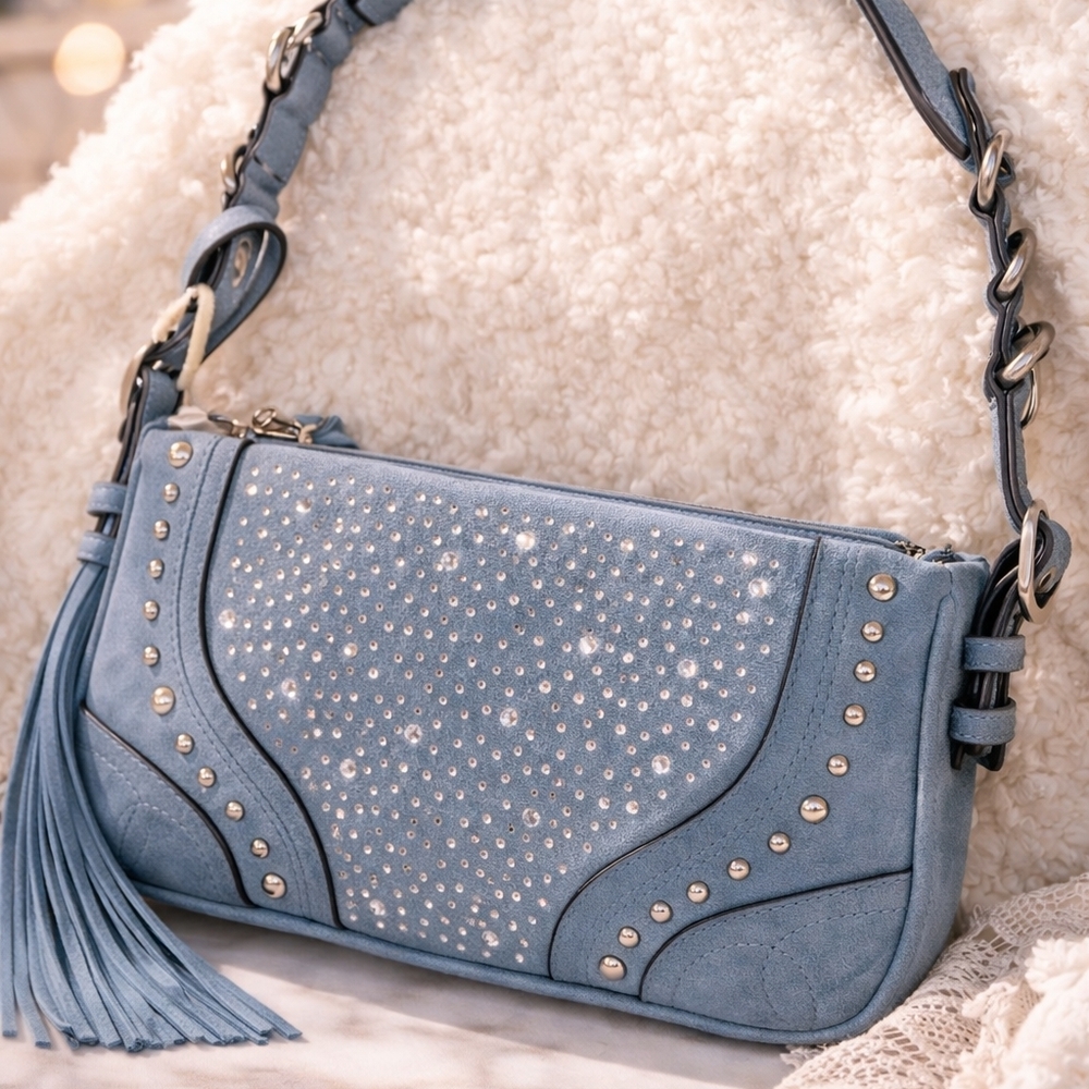 Blue Studded Rhinestone Shoulder Bag Y2K Western Boho Purse Tassel Festival Vibe